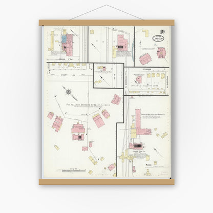 Old map wall art mockup — magnetic wood frame on white wall — Sanborn Fire Insurance Map from Lincoln, Logan County, Illinois (1914), Sheet #0019