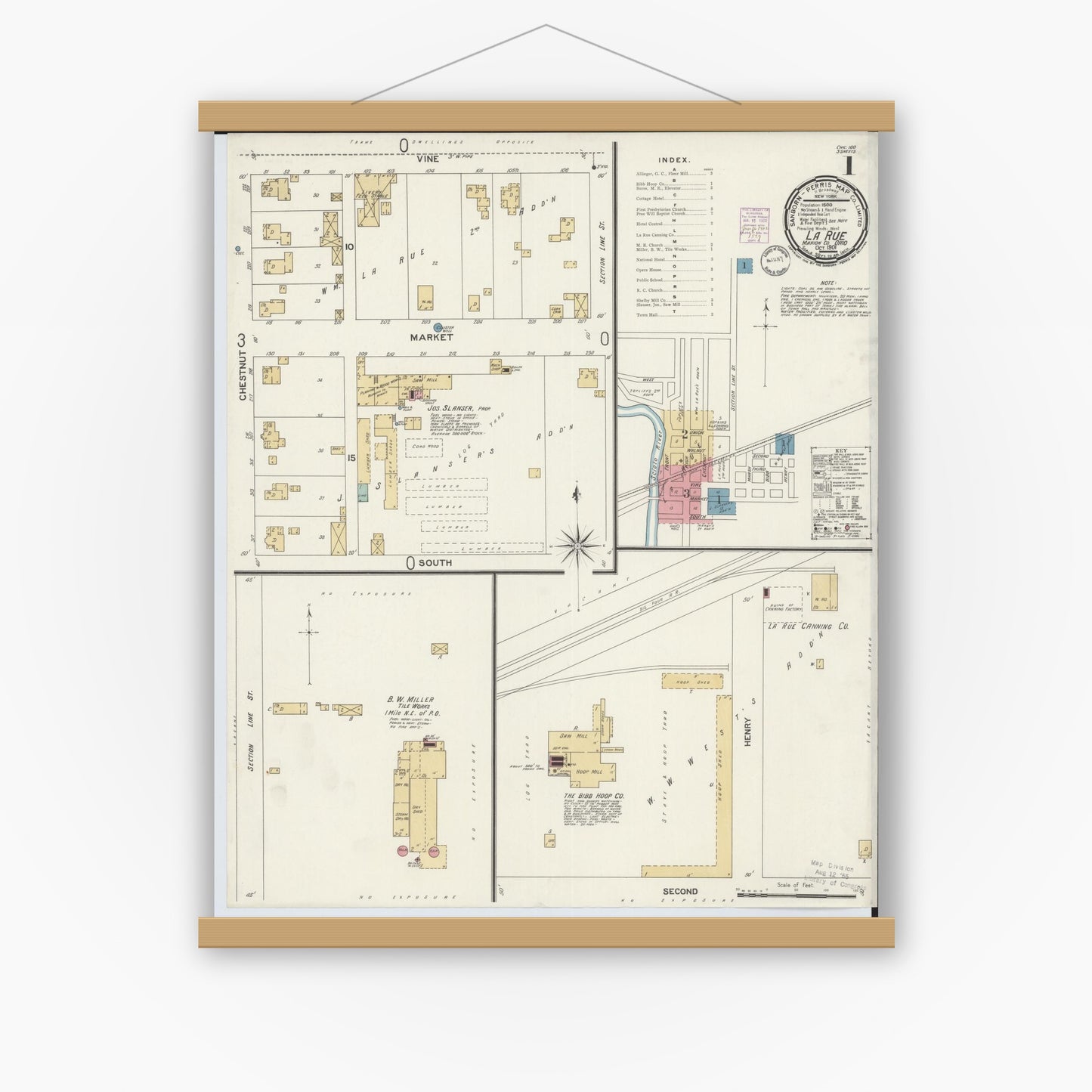 Old map wall art mockup — magnetic wood frame on white wall — Sanborn Fire Insurance Map from La Rue, Marion County, Ohio (1901) - Complete Map Set
