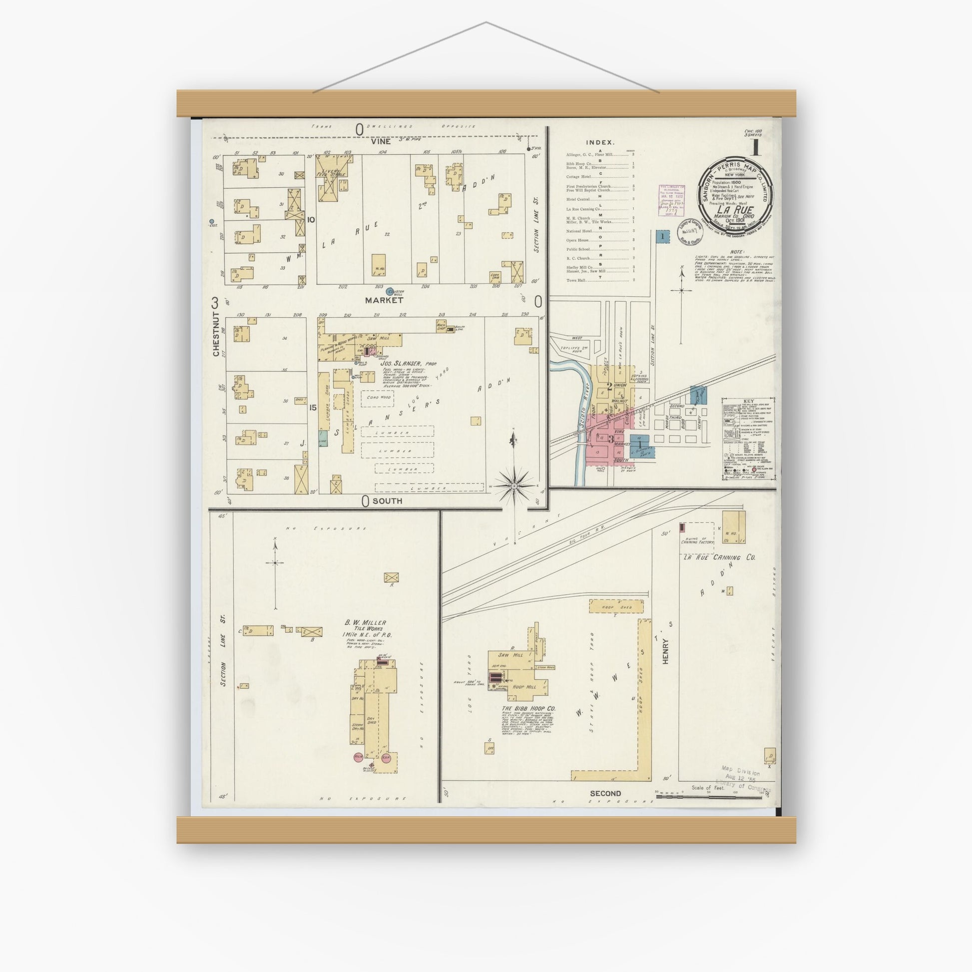 Old map wall art mockup — magnetic wood frame on white wall — Sanborn Fire Insurance Map from La Rue, Marion County, Ohio (1901) - Complete Map Set