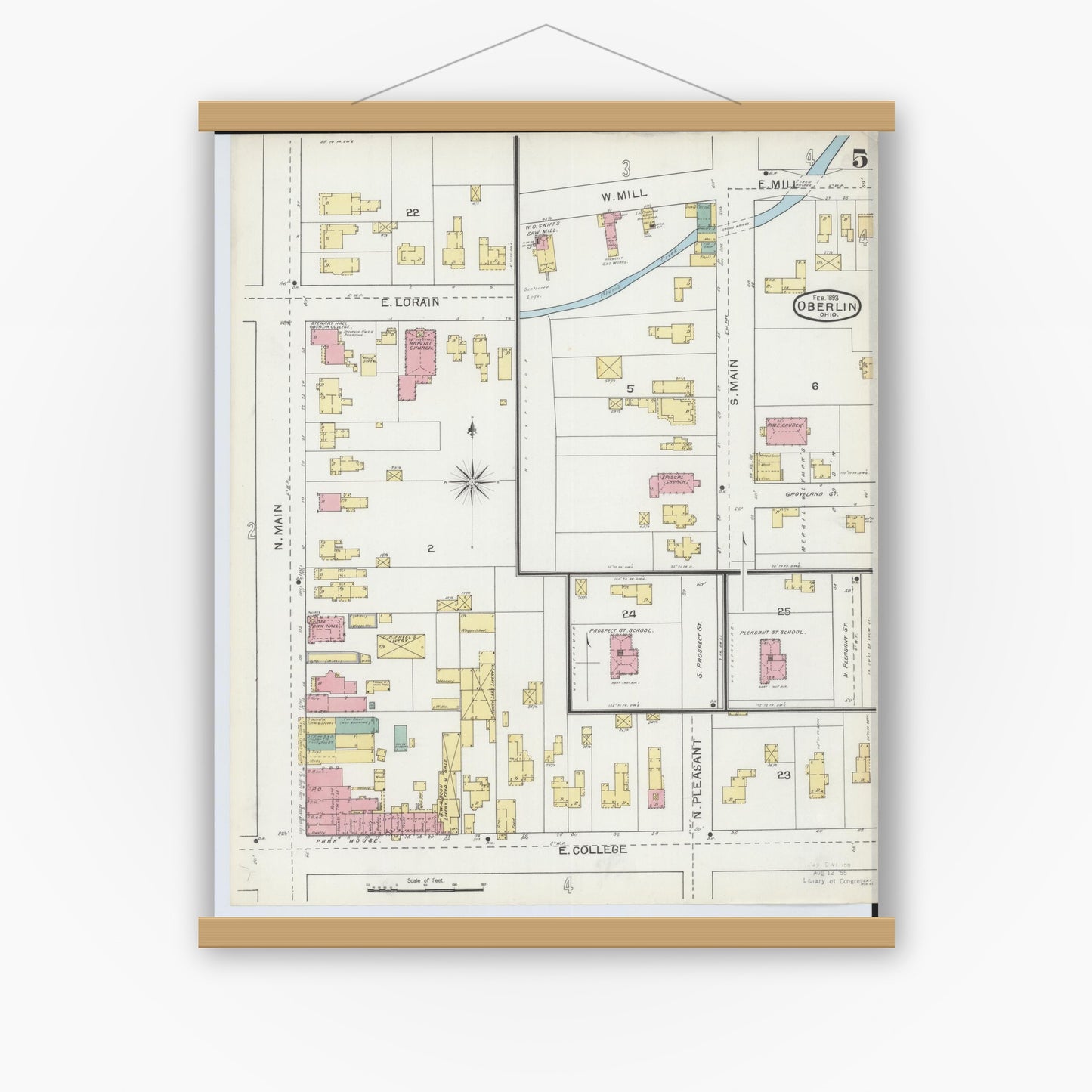 Old map wall art mockup — magnetic wood frame on white wall — Sanborn Fire Insurance Map from Oberlin, Lorain County, Ohio (1893), Sheet #0005
