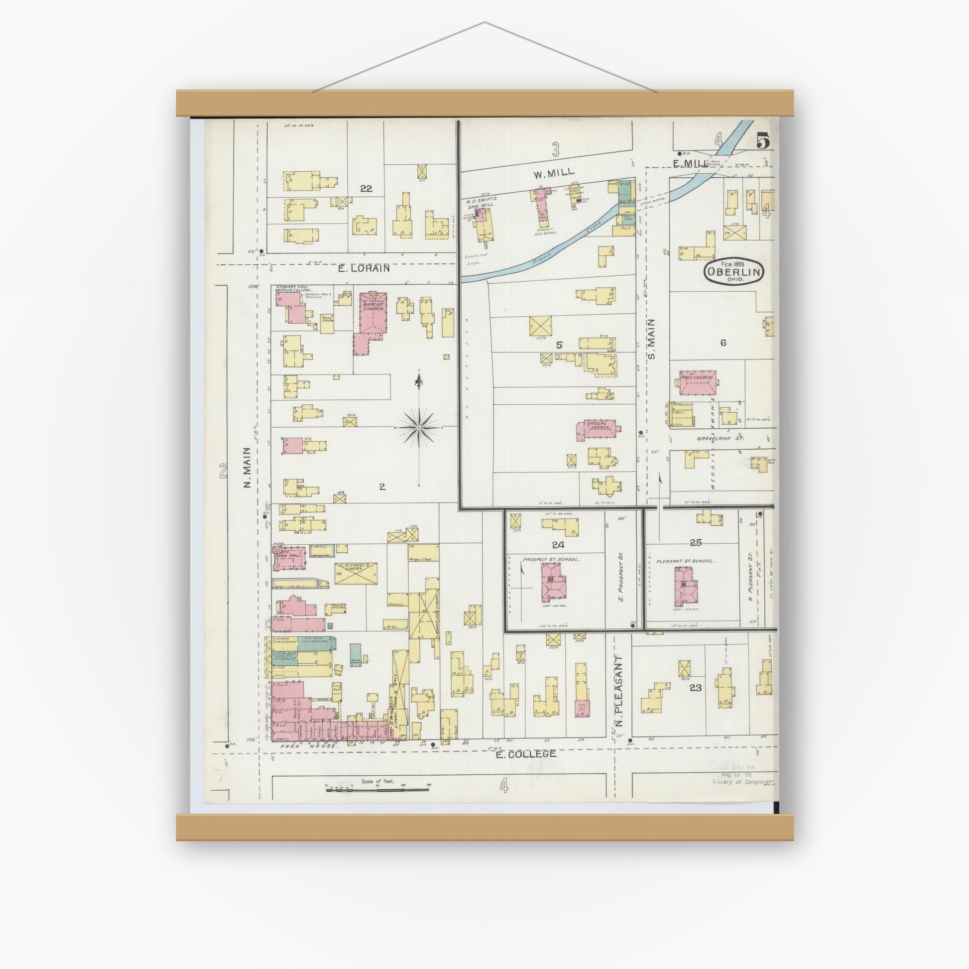 Old map wall art mockup — magnetic wood frame on white wall — Sanborn Fire Insurance Map from Oberlin, Lorain County, Ohio (1893), Sheet #0005