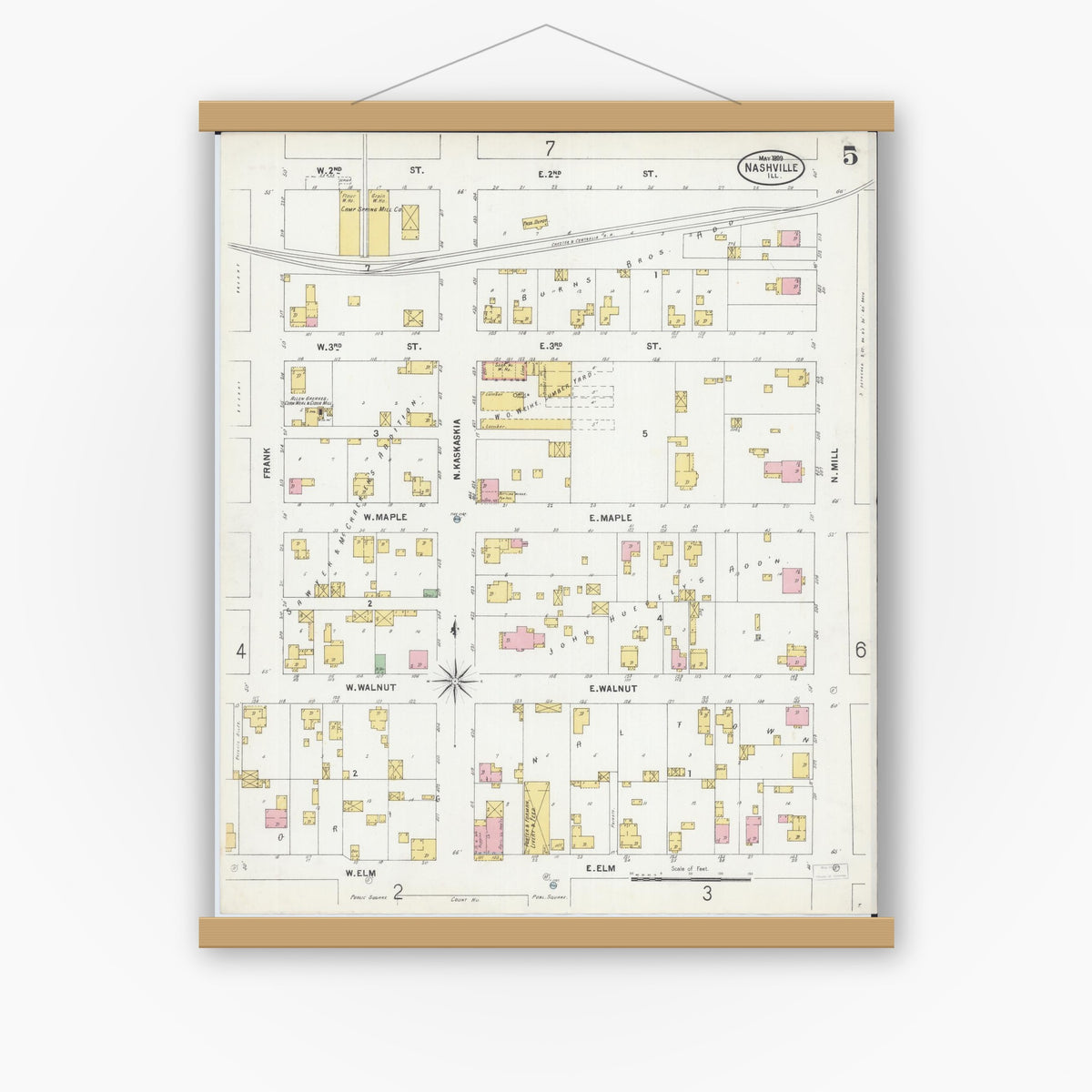 Old map wall art mockup — magnetic wood frame on white wall — Sanborn Fire Insurance Map from Nashville, Washington County, Illinois (1899), Sheet #0005