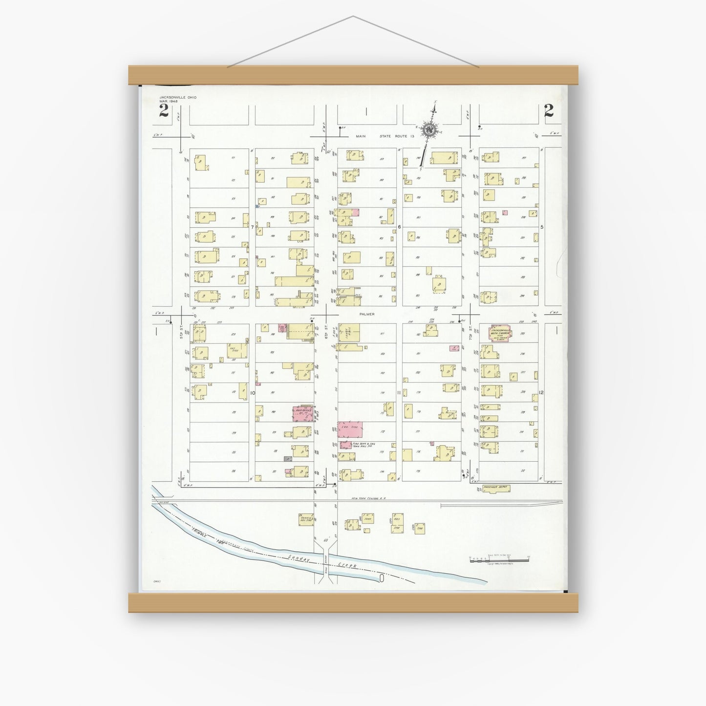 Old map wall art mockup — magnetic wood frame on white wall — Sanborn Fire Insurance Map from Jacksonville, Athens County, Ohio (1948), Sheet #0002