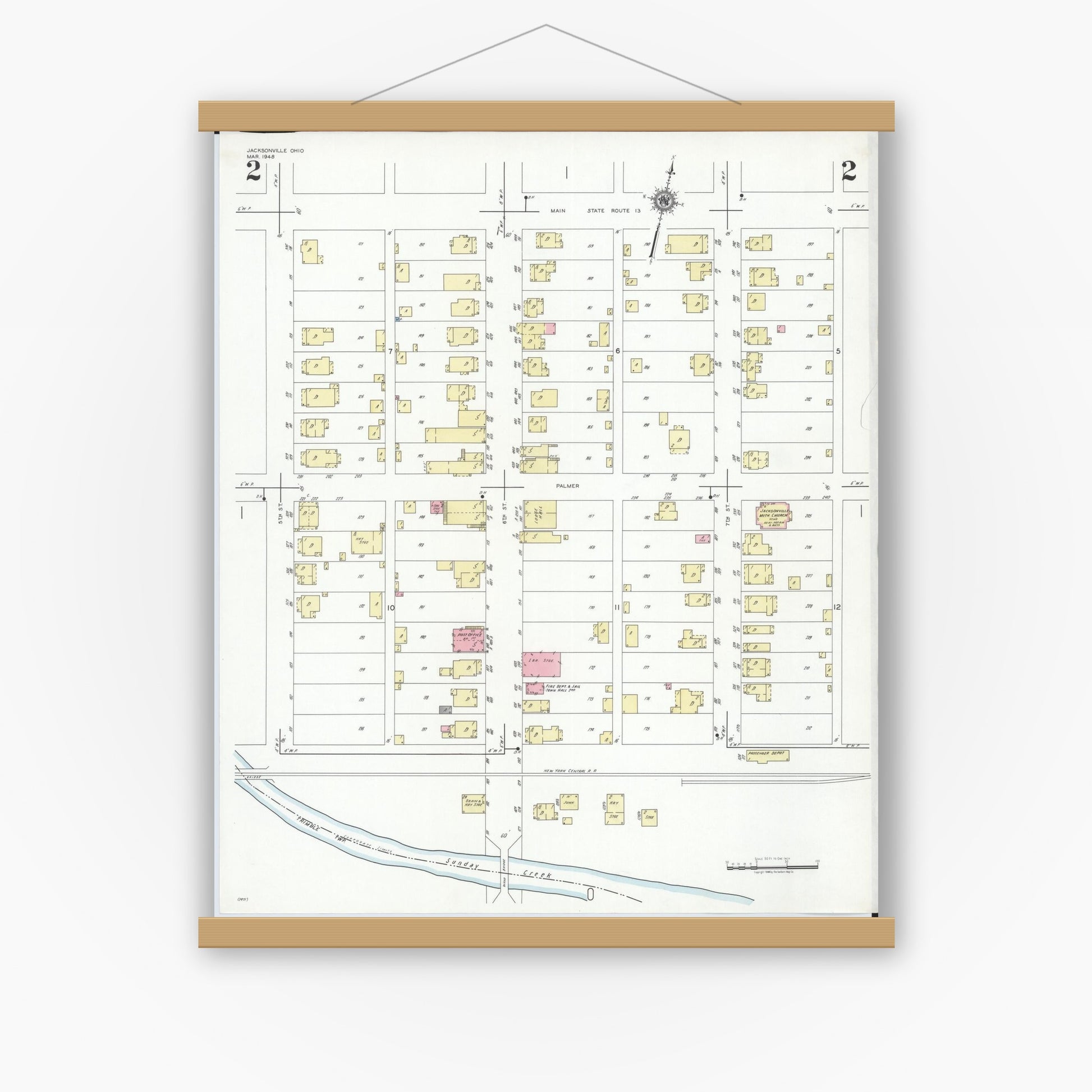 Old map wall art mockup — magnetic wood frame on white wall — Sanborn Fire Insurance Map from Jacksonville, Athens County, Ohio (1948), Sheet #0002