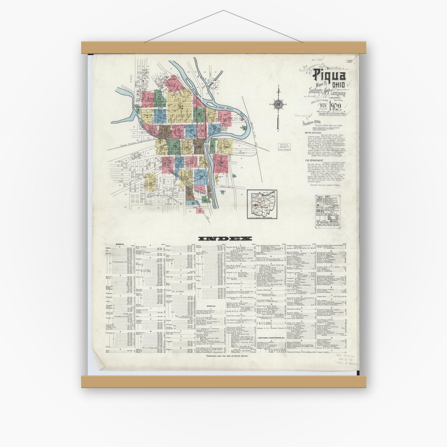 Old map wall art mockup — magnetic wood frame on white wall — Sanborn Fire Insurance Map from Piqua, Miami County, Ohio (1920) - Complete Map Set