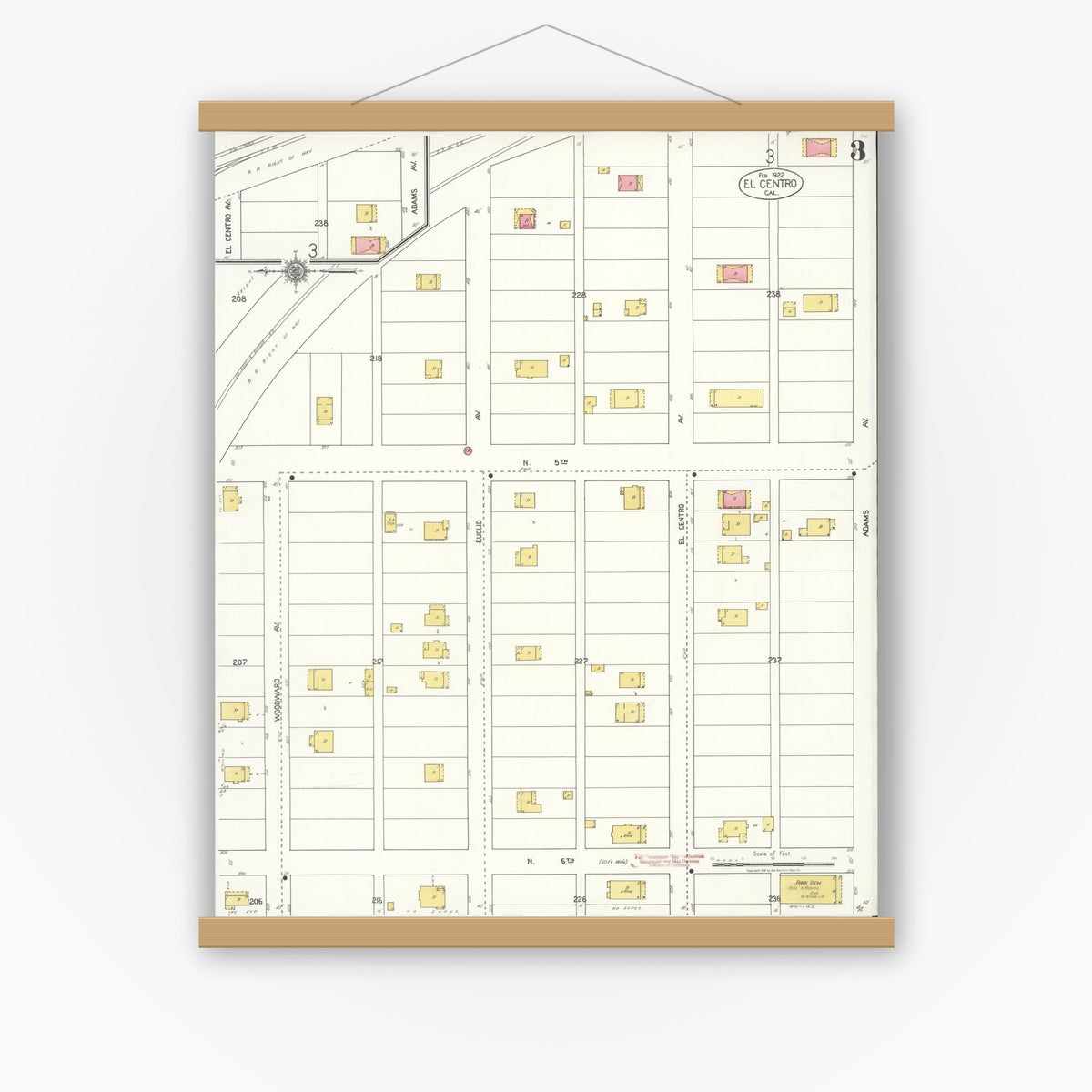 Old map wall art mockup — magnetic wood frame on white wall — Sanborn Fire Insurance Map from El Centro, Imperial County, California (1922), Sheet #0003