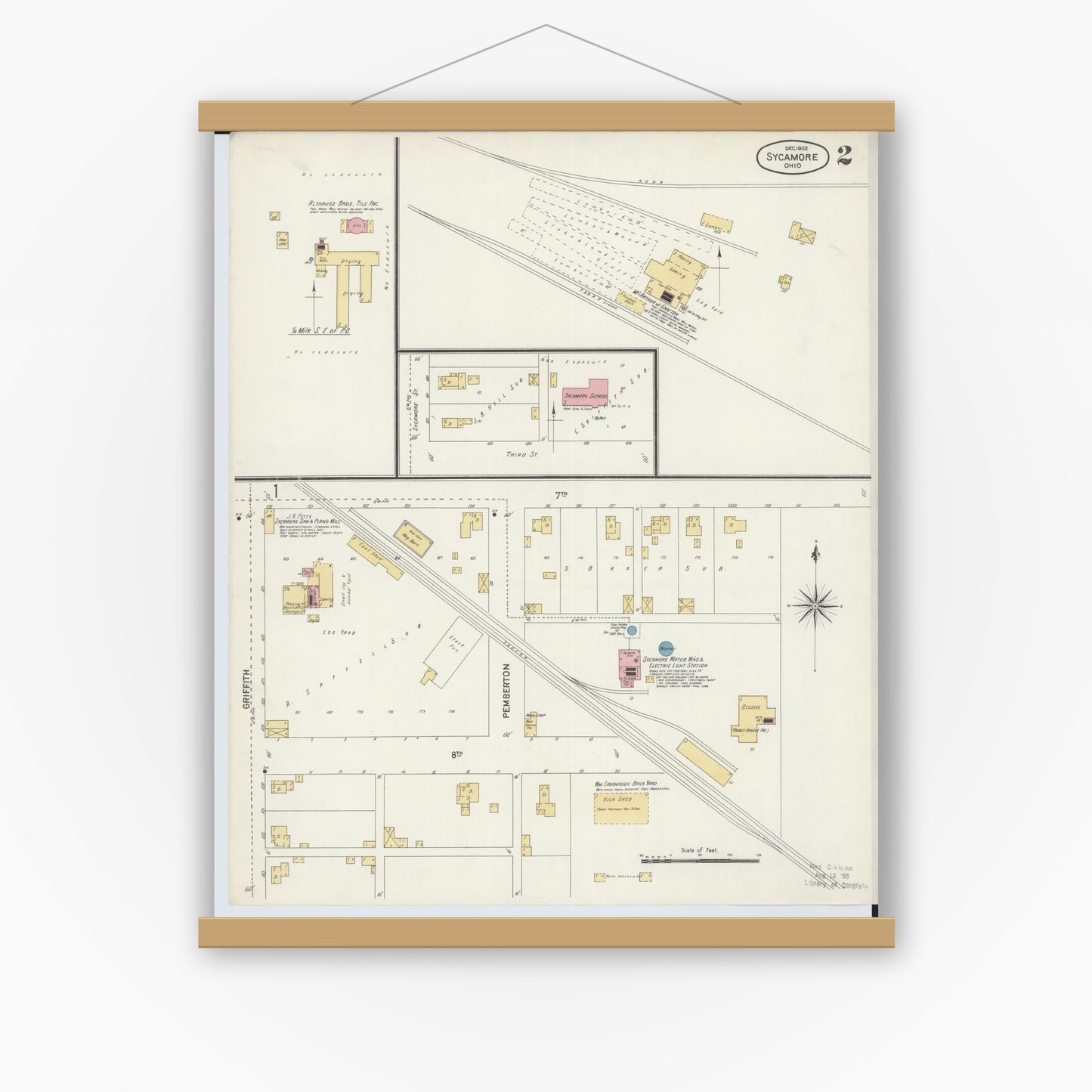 Old map wall art mockup — magnetic wood frame on white wall — Sanborn Fire Insurance Map from Sycamore, Wyandot County, Ohio (1902), Sheet #0002