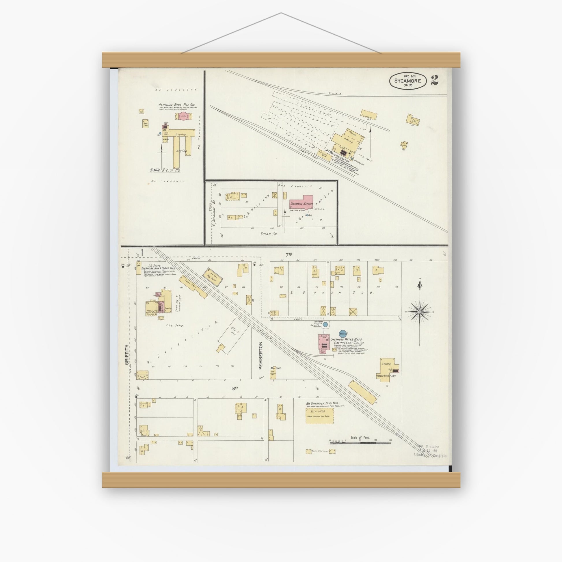 Old map wall art mockup — magnetic wood frame on white wall — Sanborn Fire Insurance Map from Sycamore, Wyandot County, Ohio (1902), Sheet #0002