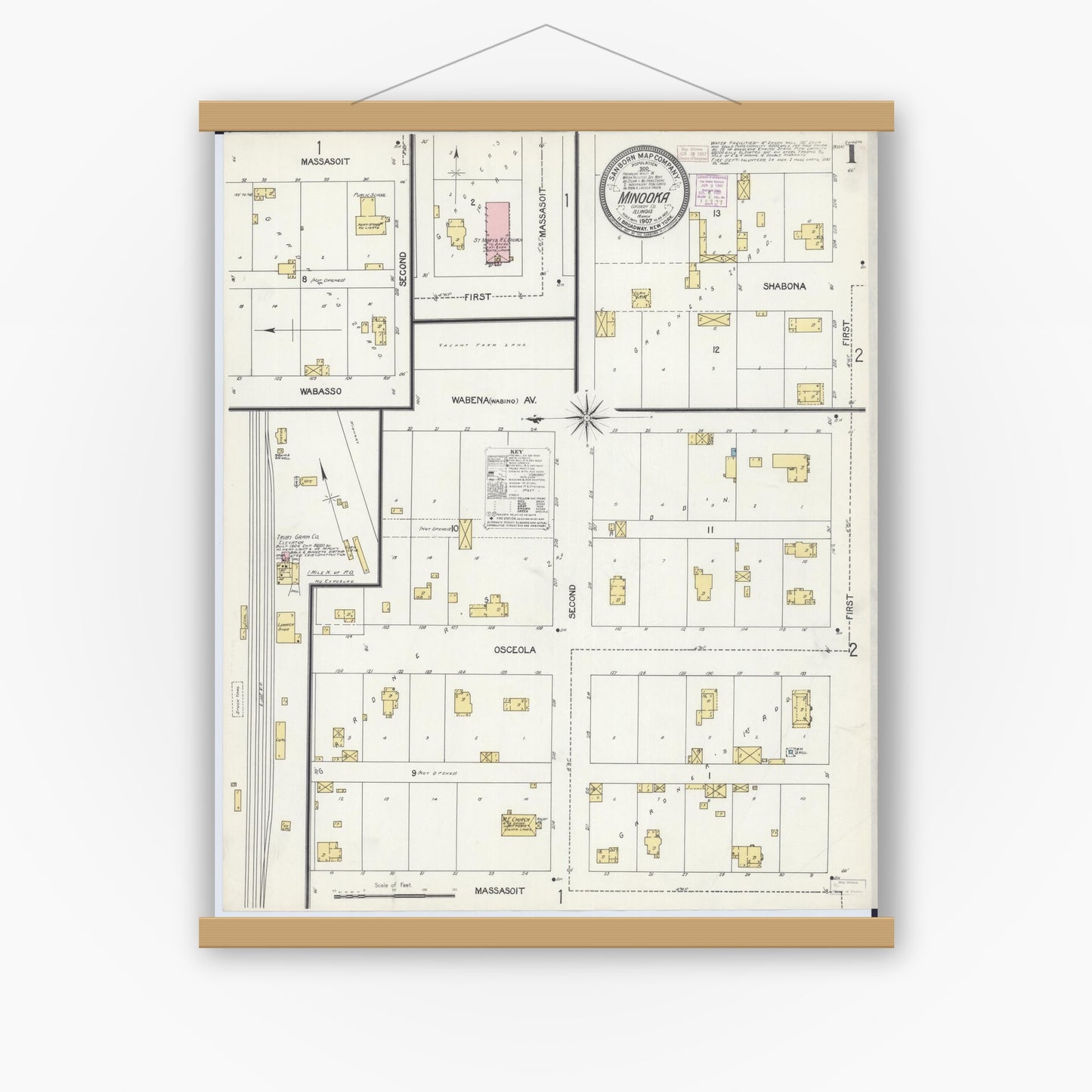 Old map wall art mockup — magnetic wood frame on white wall — Sanborn Fire Insurance Map from Minooka, Grundy County, Illinois (1907) - Complete Map Set