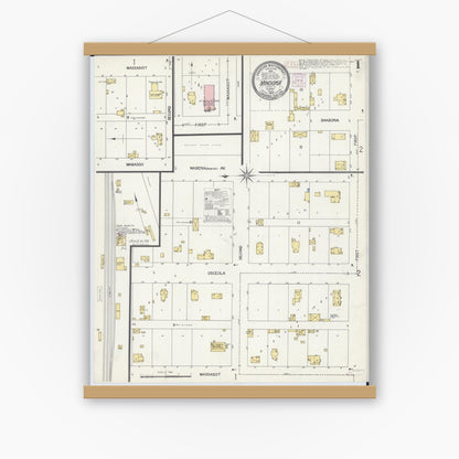 Old map wall art mockup — magnetic wood frame on white wall — Sanborn Fire Insurance Map from Minooka, Grundy County, Illinois (1907) - Complete Map Set