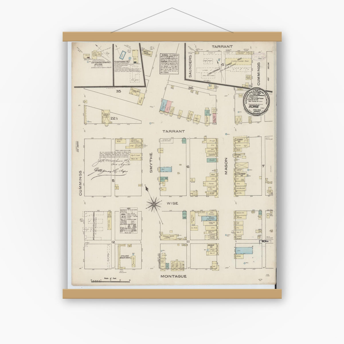 Old map wall art mockup — magnetic wood frame on white wall — Sanborn Fire Insurance Map from Bowie, Montague County, Texas (1885), Sheet #0001