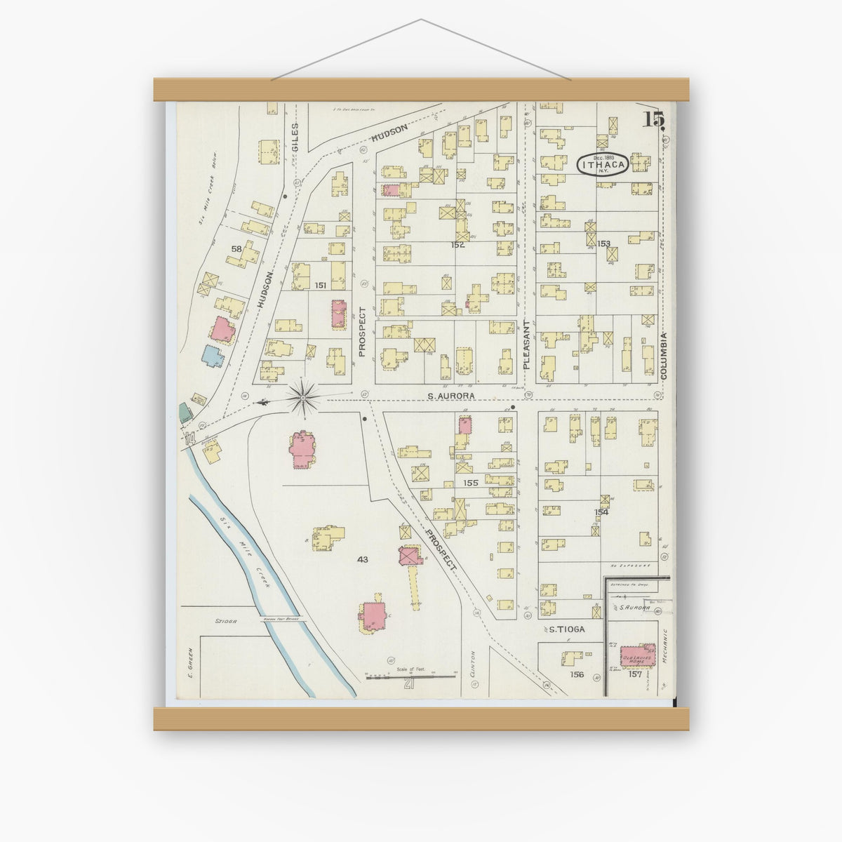 Old map wall art mockup — magnetic wood frame on white wall — Sanborn Fire Insurance Map from Ithaca, Tompkins County, New York (1893), Sheet #0015