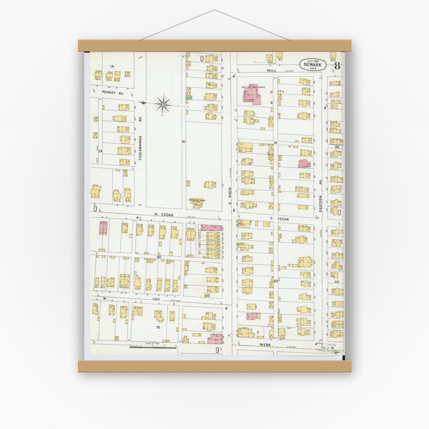 Old map wall art mockup — magnetic wood frame on white wall — Sanborn Fire Insurance Map from Newark, Licking County, Ohio (1899), Sheet #0008