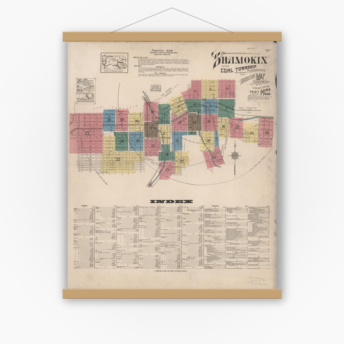 Old map wall art mockup — magnetic wood frame on white wall — Sanborn Fire Insurance Map from Shamokin, Northumberland County, Pennsylvania (1922) - Complete Map Set