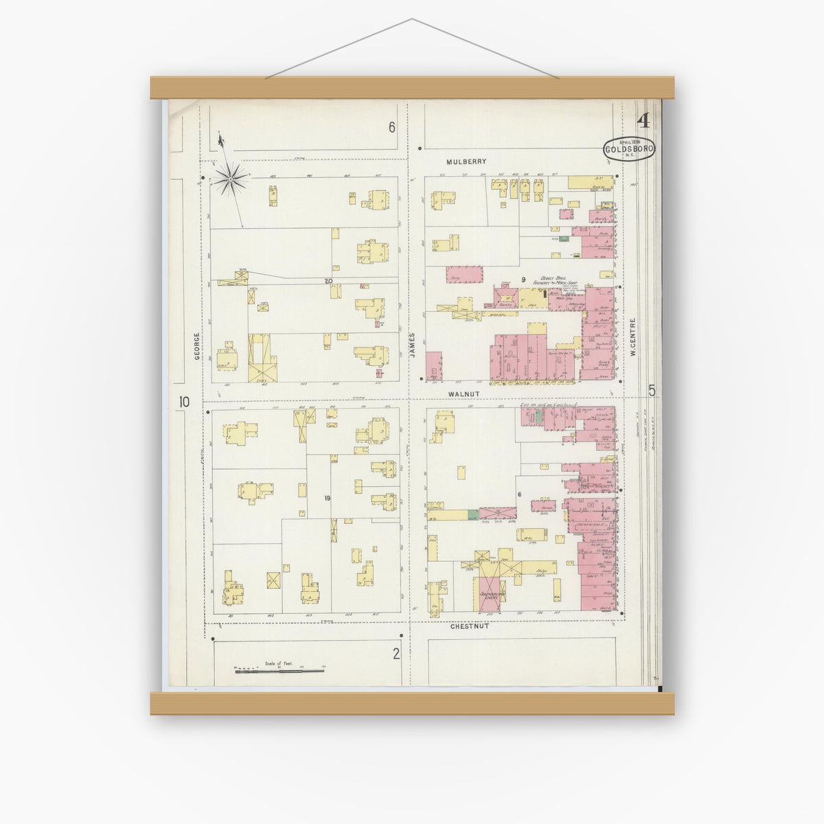 Old map wall art mockup — magnetic wood frame on white wall — Sanborn Fire Insurance Map from Goldsboro, Wayne County, North Carolina (1896), Sheet #0004