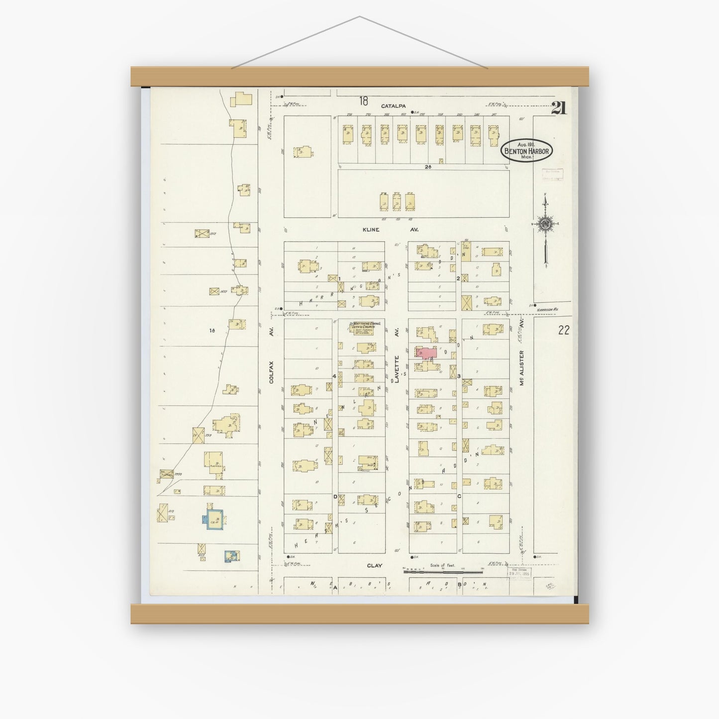 Old map wall art mockup — magnetic wood frame on white wall — Sanborn Fire Insurance Map from Benton Harbor, Berrien County, Michigan (1911), Sheet #0021