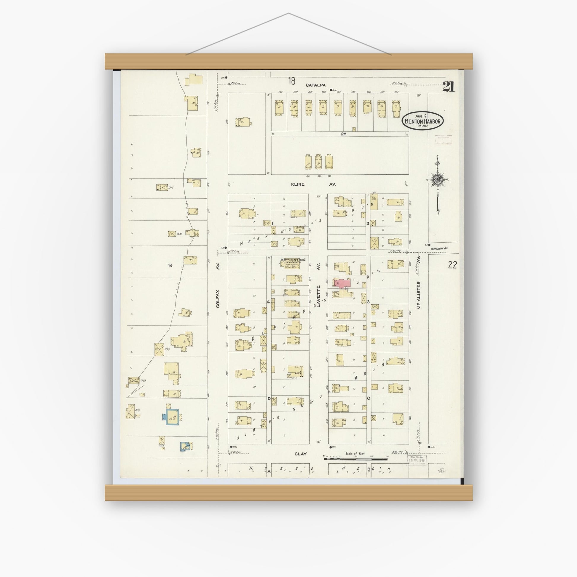 Old map wall art mockup — magnetic wood frame on white wall — Sanborn Fire Insurance Map from Benton Harbor, Berrien County, Michigan (1911), Sheet #0021