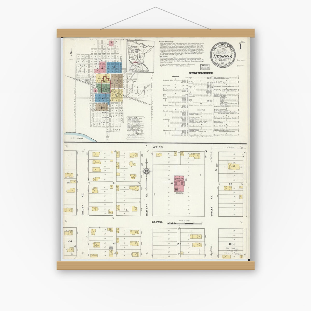 Old map wall art mockup — magnetic wood frame on white wall — Sanborn Fire Insurance Map from Litchfield, Meeker County, Minnesota (1917), Sheet #0001