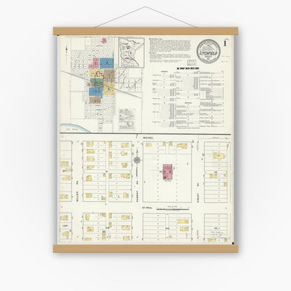 Old map wall art mockup — magnetic wood frame on white wall — Sanborn Fire Insurance Map from Litchfield, Meeker County, Minnesota (1917), Sheet #0001