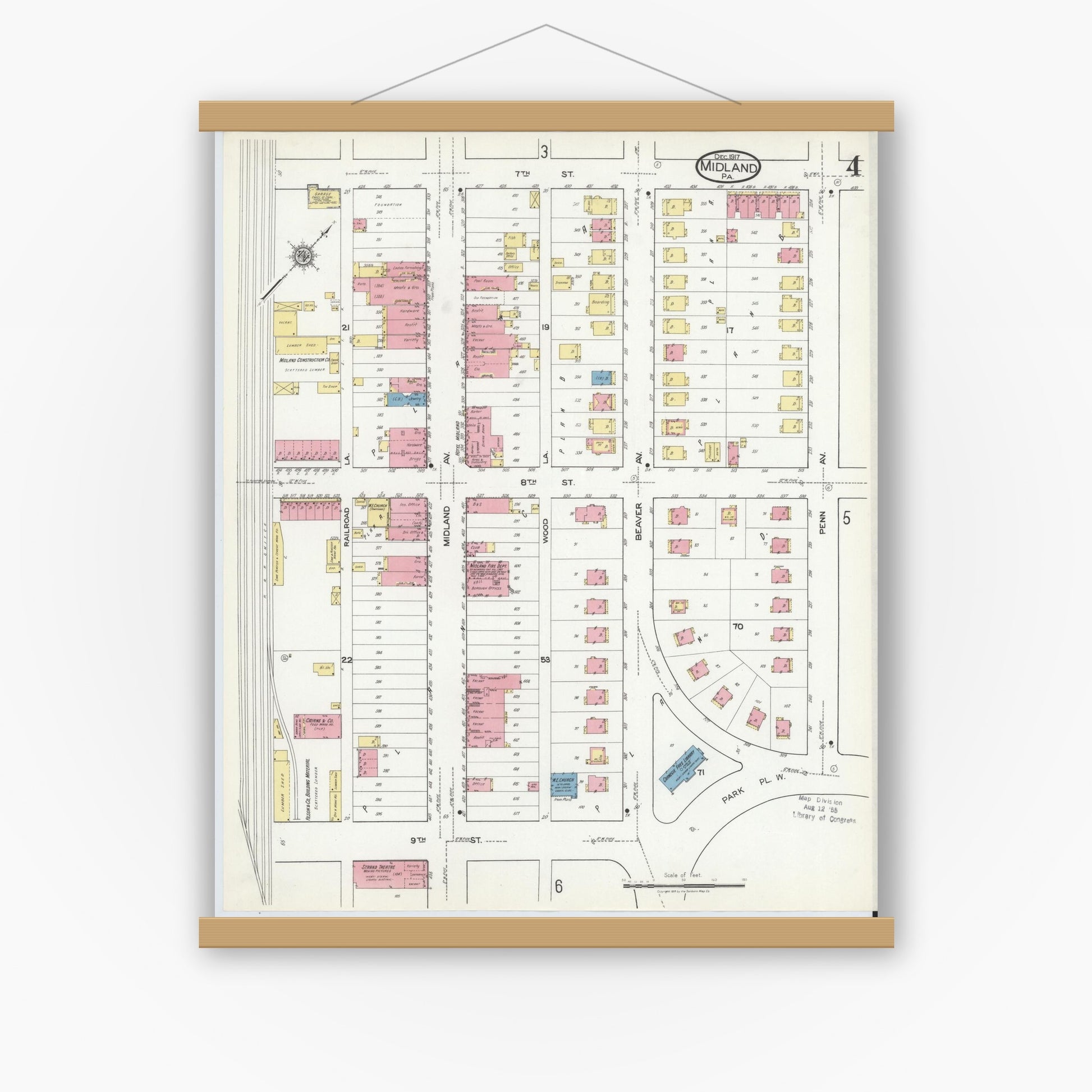 Old map wall art mockup — magnetic wood frame on white wall — Sanborn Fire Insurance Map from Midland, Beaver County, Pennsylvania (1917), Sheet #0004