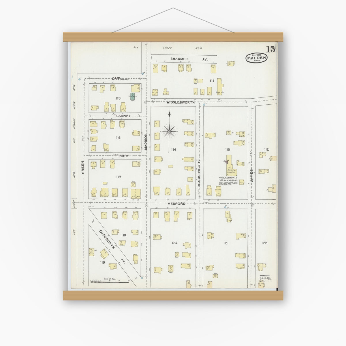 Old map wall art mockup — magnetic wood frame on white wall — Sanborn Fire Insurance Map from Malden, Middlesex County, Massachusetts (1892), Sheet #0015
