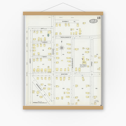 Old map wall art mockup — magnetic wood frame on white wall — Sanborn Fire Insurance Map from Malden, Middlesex County, Massachusetts (1892), Sheet #0015