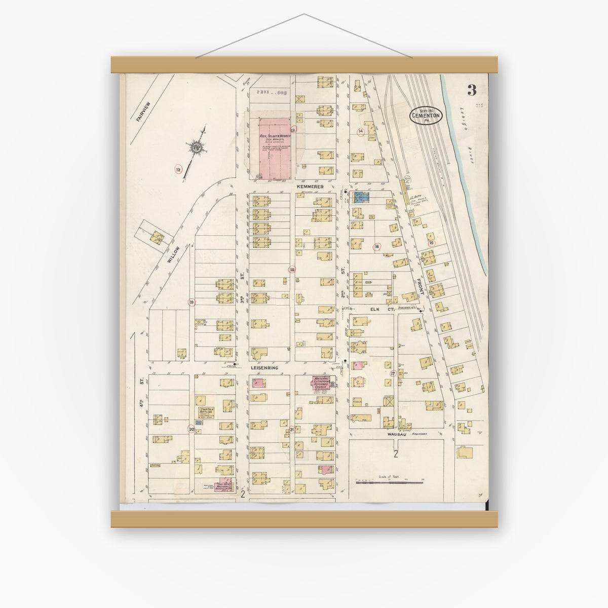 Old map wall art mockup — magnetic wood frame on white wall — Sanborn Fire Insurance Map from Cementon, Lehigh County, Pennsylvania (1924), Sheet #0003