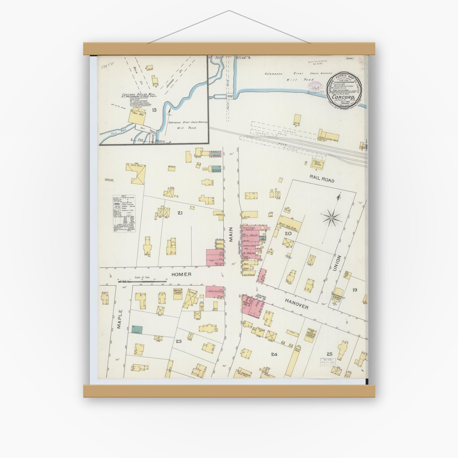 Old map wall art mockup — magnetic wood frame on white wall — Sanborn Fire Insurance Map from Concord, Jackson County, Michigan (1893), Sheet #0001