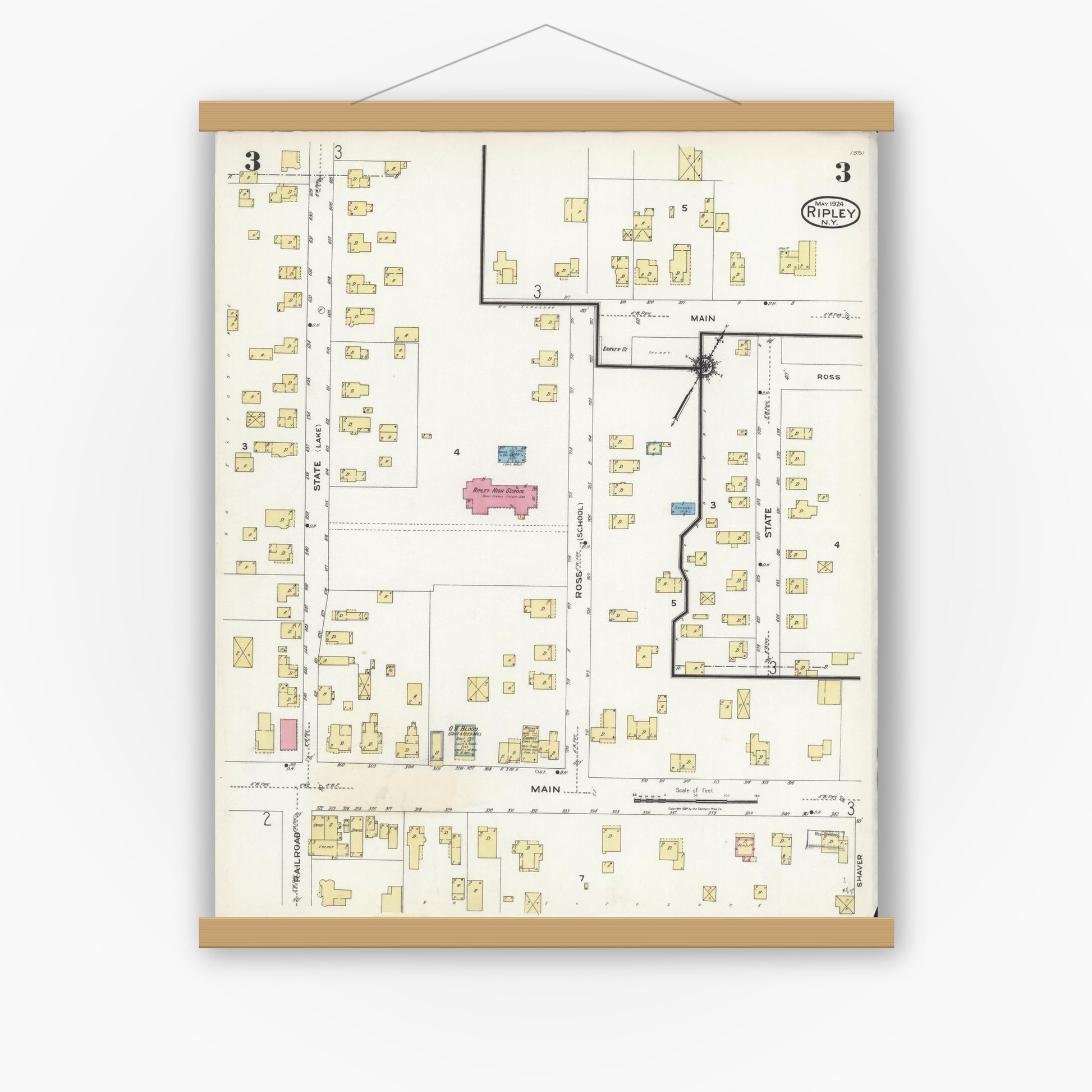 Old map wall art mockup — magnetic wood frame on white wall — Sanborn Fire Insurance Map from Ripley, Chautauqua County, New York (1924), Sheet #0003