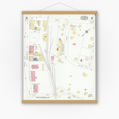 Old map wall art mockup — magnetic wood frame on white wall — Sanborn Fire Insurance Map from Lexington, Middlesex County, Massachusetts (1927), Sheet #0003