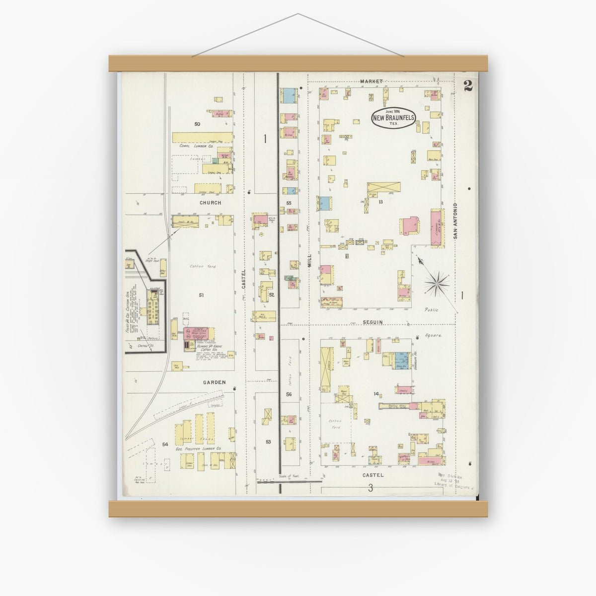 Old map wall art mockup — magnetic wood frame on white wall — Sanborn Fire Insurance Map from New Braunfels, Comal County, Texas (1896), Sheet #0002