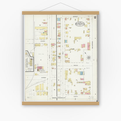 Old map wall art mockup — magnetic wood frame on white wall — Sanborn Fire Insurance Map from New Braunfels, Comal County, Texas (1896), Sheet #0002