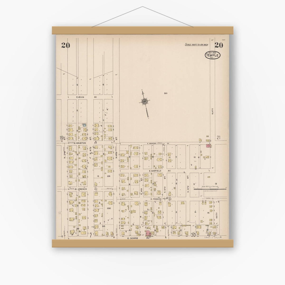 Old map wall art mockup — magnetic wood frame on white wall — Sanborn Fire Insurance Map from Temple, Bell County, Texas (1922), Sheet #0020