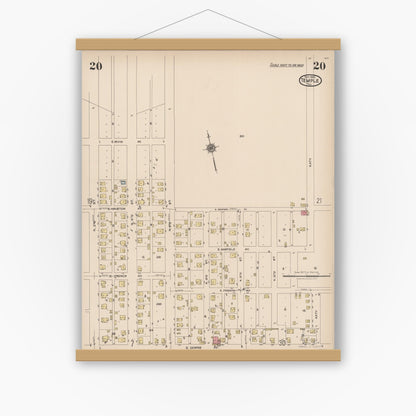 Old map wall art mockup — magnetic wood frame on white wall — Sanborn Fire Insurance Map from Temple, Bell County, Texas (1922), Sheet #0020