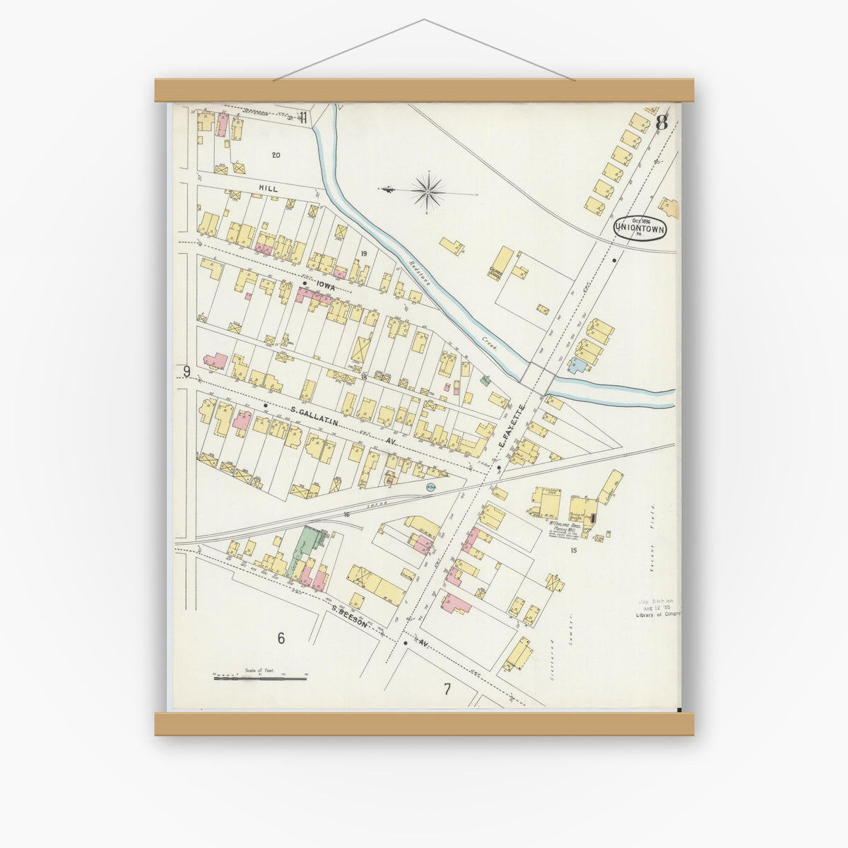 Old map wall art mockup — magnetic wood frame on white wall — Sanborn Fire Insurance Map from Uniontown, Fayette County, Pennsylvania (1896), Sheet #0008