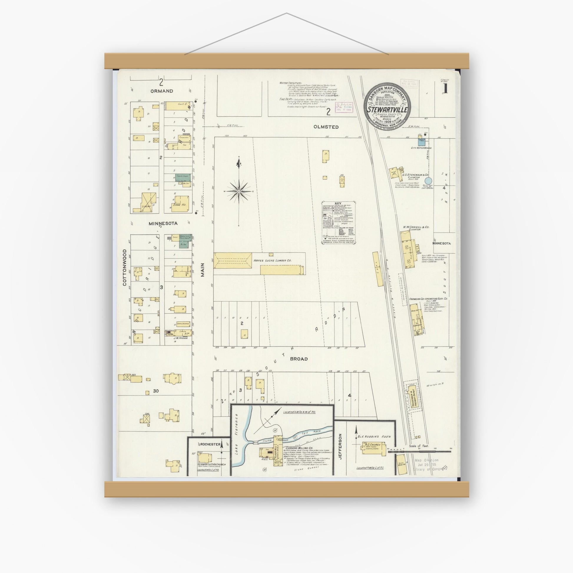 Old map wall art mockup — magnetic wood frame on white wall — Sanborn Fire Insurance Map from Stewartville, Olmsted County, Minnesota (1909) - Complete Map Set