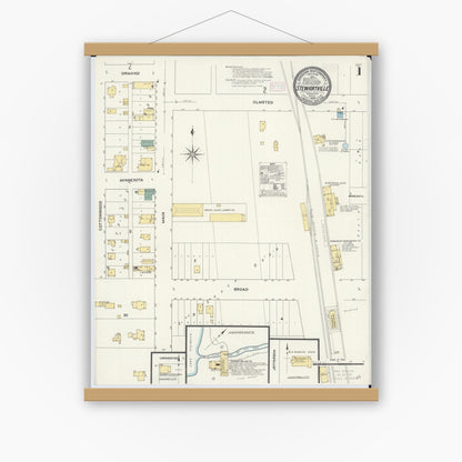 Old map wall art mockup — magnetic wood frame on white wall — Sanborn Fire Insurance Map from Stewartville, Olmsted County, Minnesota (1909) - Complete Map Set