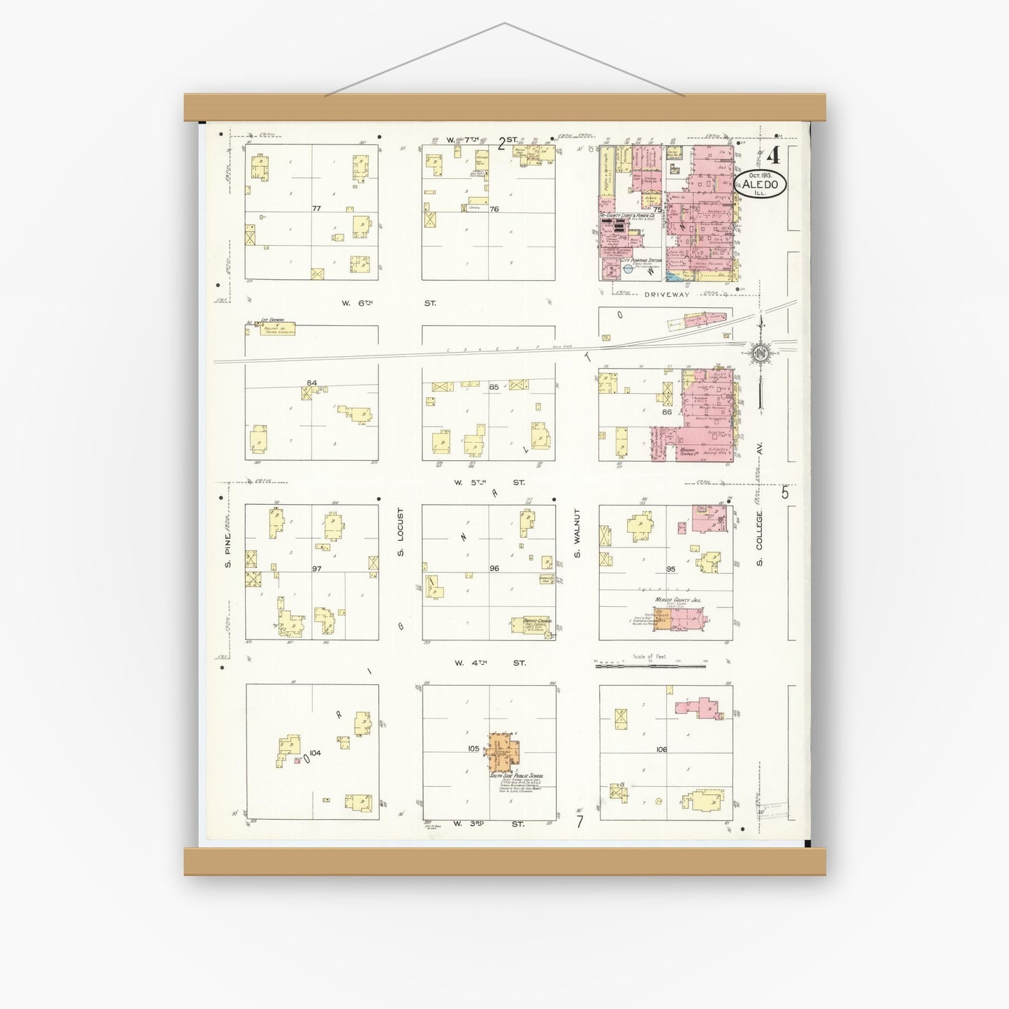 Old map wall art mockup — magnetic wood frame on white wall — Sanborn Fire Insurance Map from Aledo, Mercer County, Illinois (1913), Sheet #0004