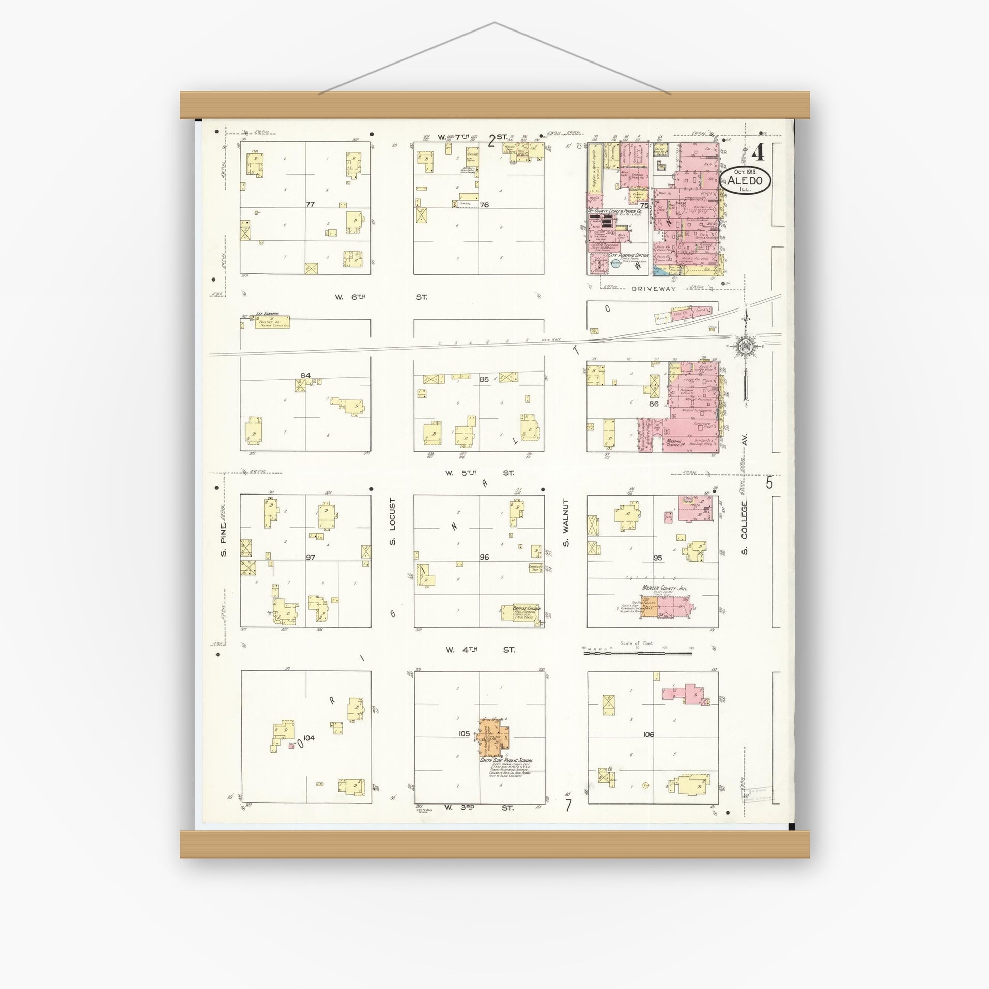 Old map wall art mockup — magnetic wood frame on white wall — Sanborn Fire Insurance Map from Aledo, Mercer County, Illinois (1913), Sheet #0004