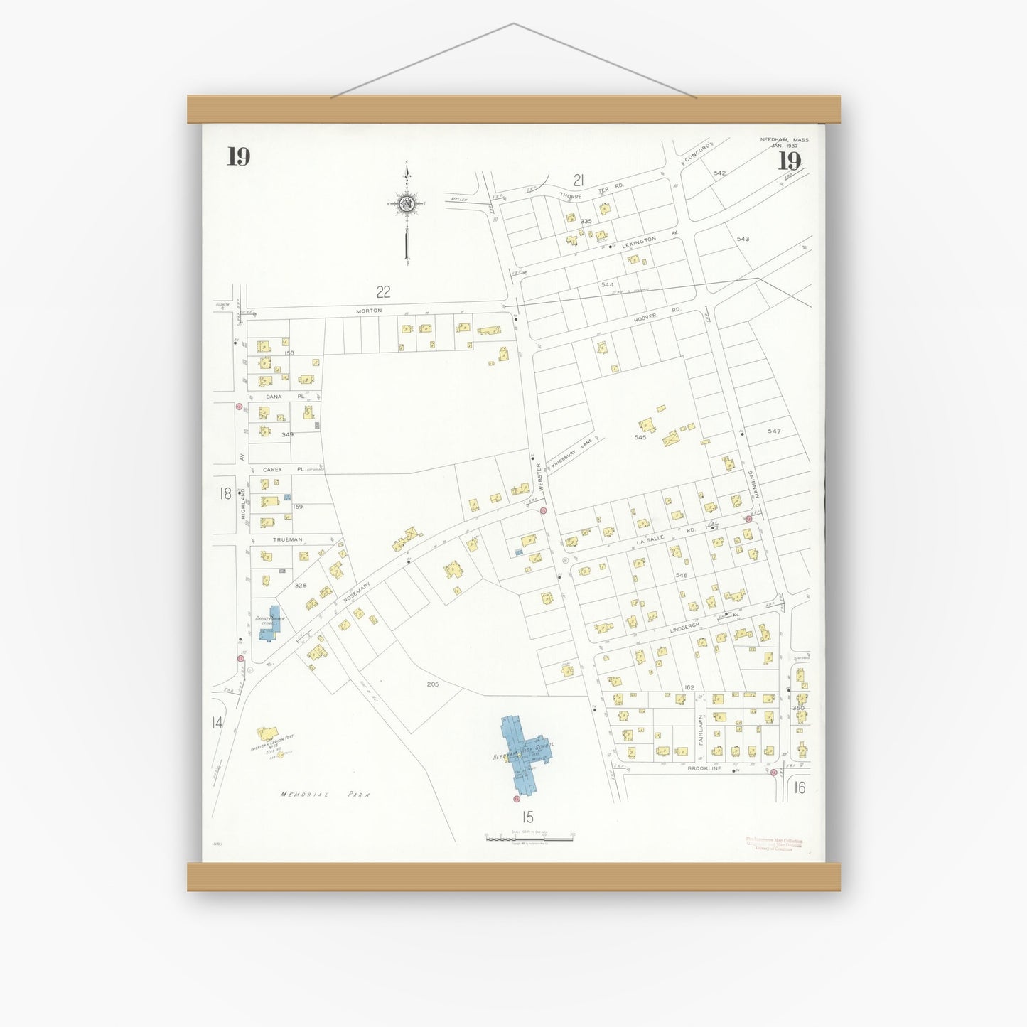 Old map wall art mockup — magnetic wood frame on white wall — Sanborn Fire Insurance Map from Needham, Norfolk County, Massachusetts (1937), Sheet #0019
