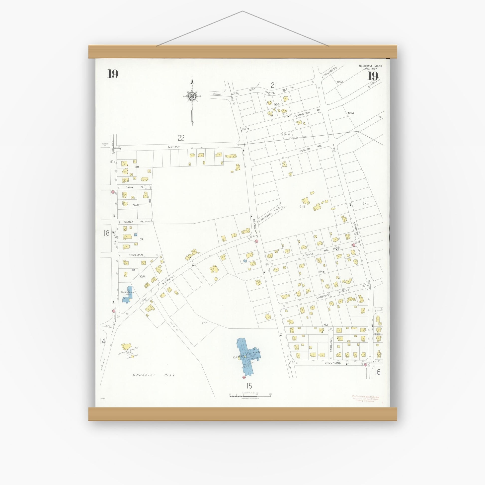 Old map wall art mockup — magnetic wood frame on white wall — Sanborn Fire Insurance Map from Needham, Norfolk County, Massachusetts (1937), Sheet #0019