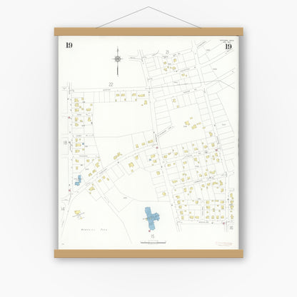 Old map wall art mockup — magnetic wood frame on white wall — Sanborn Fire Insurance Map from Needham, Norfolk County, Massachusetts (1937), Sheet #0019