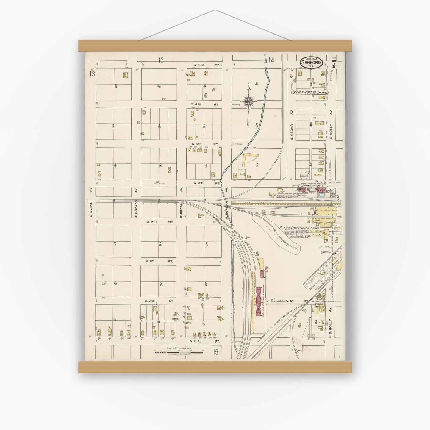 Old map wall art mockup — magnetic wood frame on white wall — Sanborn Fire Insurance Map from Sanford, Seminole County, Florida (1922), Sheet #0007