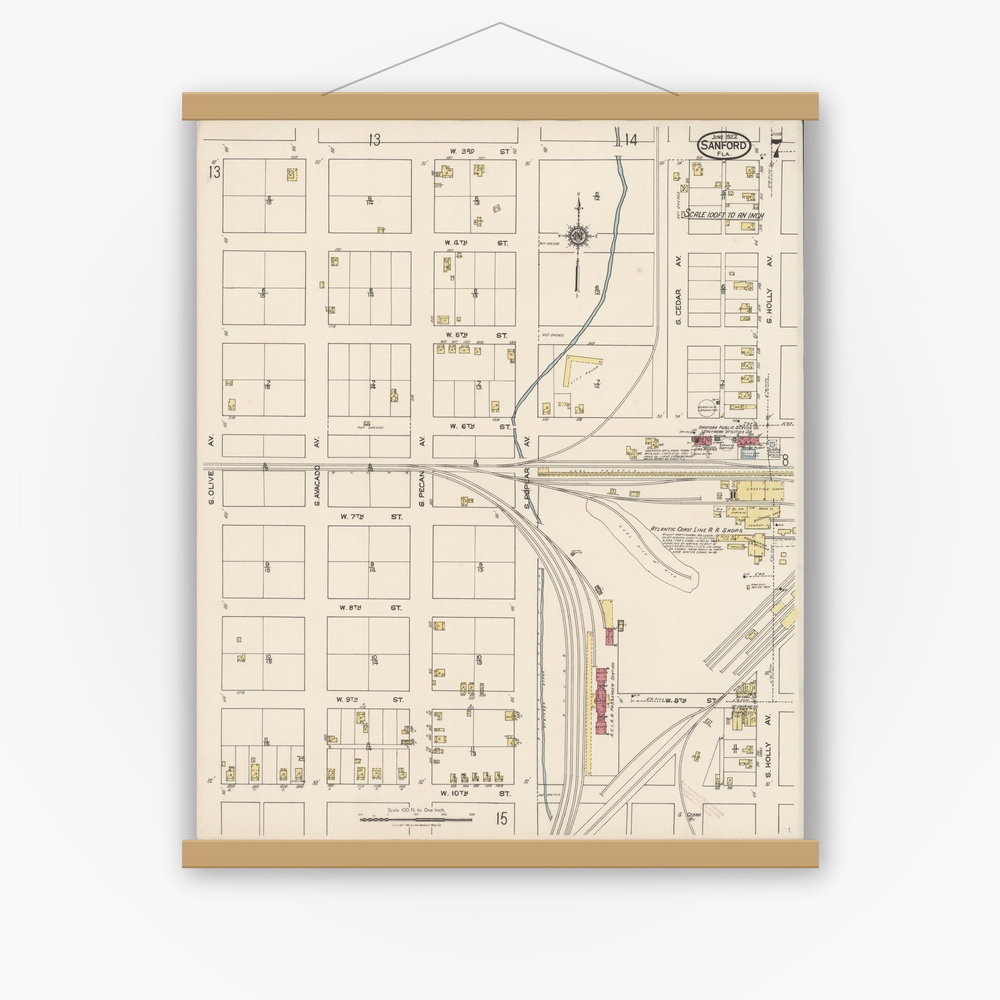 Old map wall art mockup — magnetic wood frame on white wall — Sanborn Fire Insurance Map from Sanford, Seminole County, Florida (1922), Sheet #0007