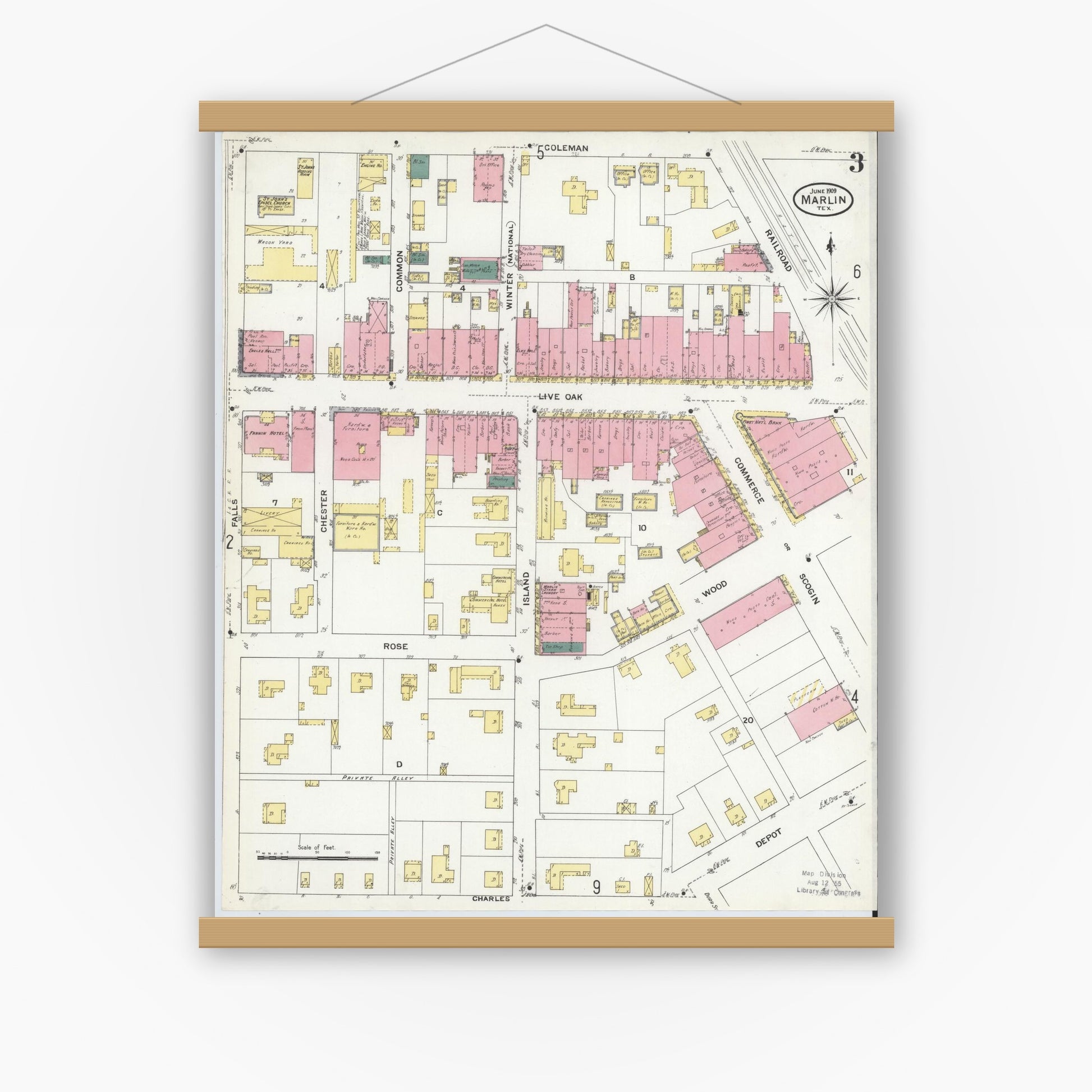 Old map wall art mockup — magnetic wood frame on white wall — Sanborn Fire Insurance Map from Marlin, Falls County, Texas (1909), Sheet #0003
