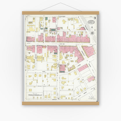 Old map wall art mockup — magnetic wood frame on white wall — Sanborn Fire Insurance Map from Marlin, Falls County, Texas (1909), Sheet #0003