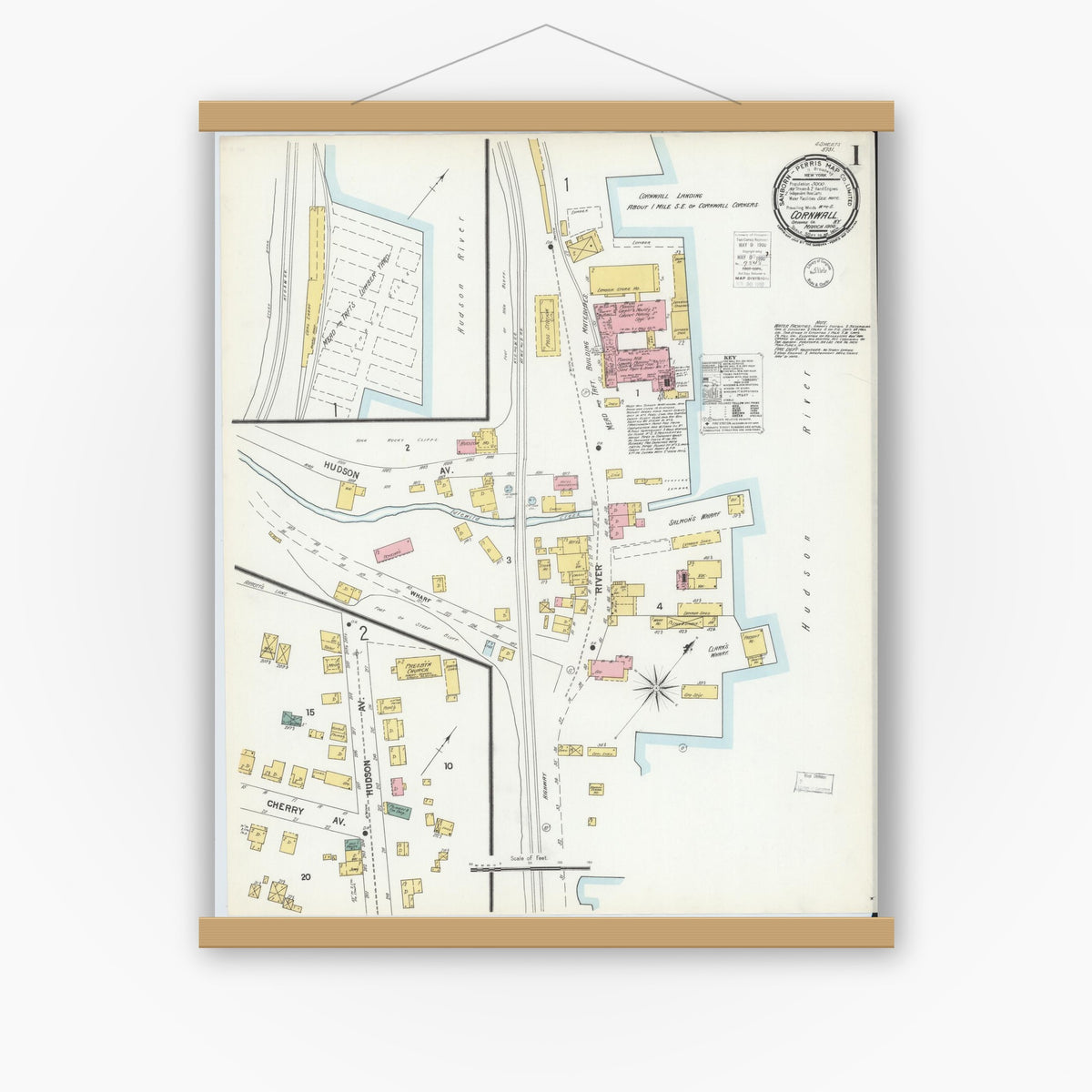 Old map wall art mockup — magnetic wood frame on white wall — Sanborn Fire Insurance Map from Cornwall, Orange County, New York (1900) - Complete Map Set