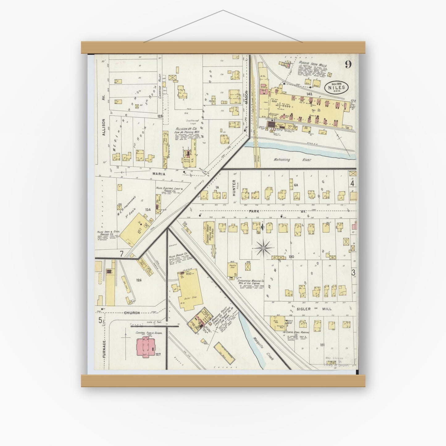 Old map wall art mockup — magnetic wood frame on white wall — Sanborn Fire Insurance Map from Niles, Trumbull County, Ohio (1898), Sheet #0009
