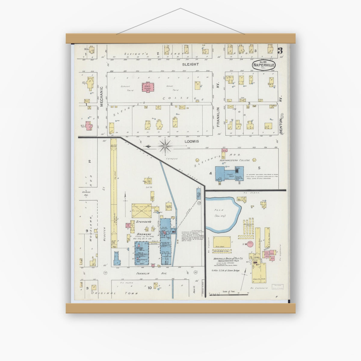 Old map wall art mockup — magnetic wood frame on white wall — Sanborn Fire Insurance Map from Naperville, Du Page County, Illinois (1892), Sheet #0003
