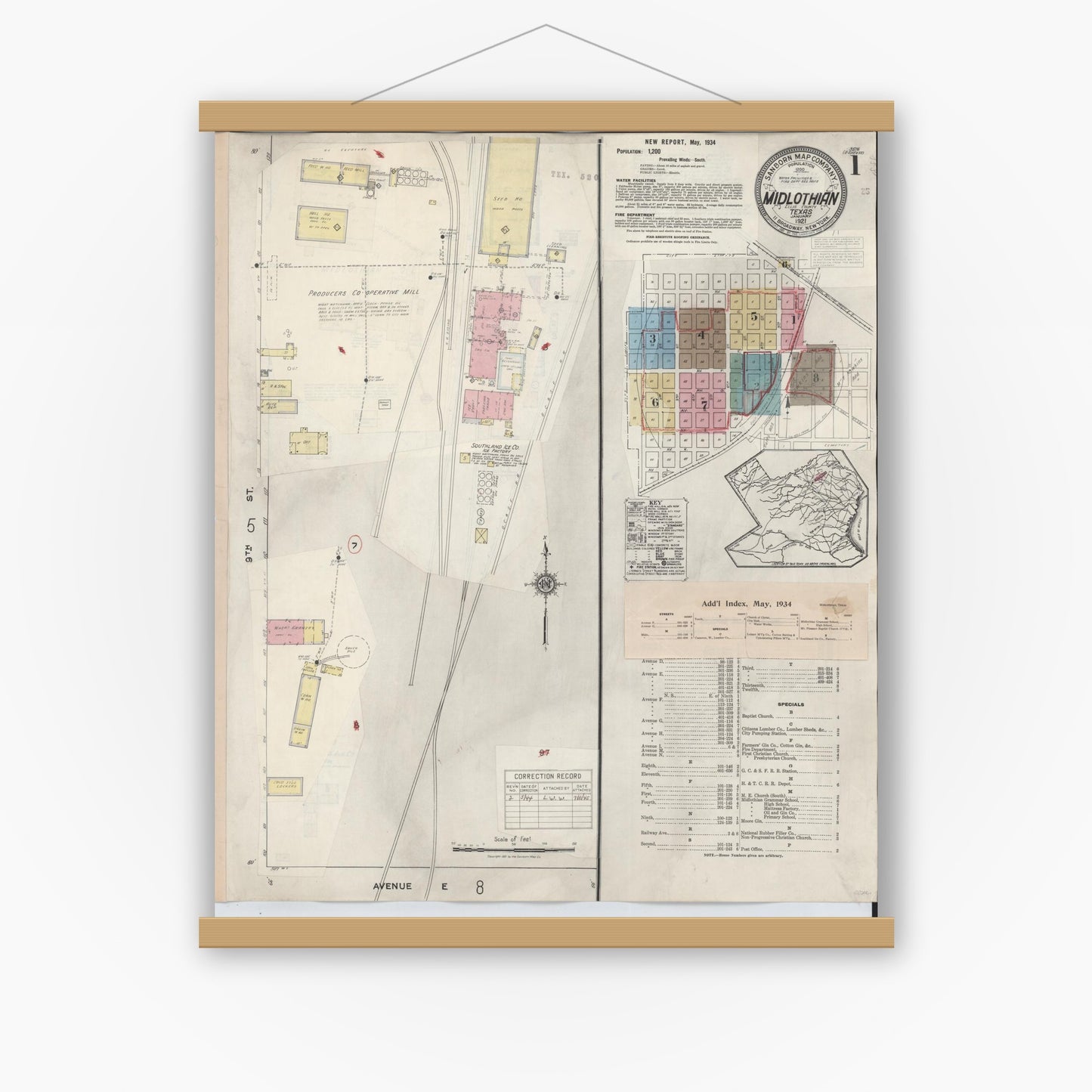 Old map wall art mockup — magnetic wood frame on white wall — Sanborn Fire Insurance Map from Midlothian, Ellis County, Texas (1944), Sheet #0001
